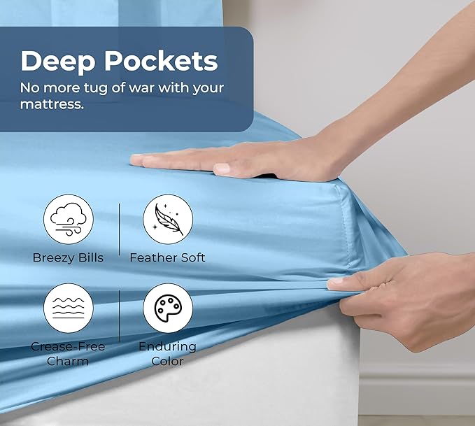 Royale Linens 100% Organic Cotton Fitted Sheet - Percale Weave - Super Soft Deep Pocket Bottom Sheets - Lake Blue Elastic Sheet Twin Size - Twin Fitted Sheets Only - (39"x75"+15", Lake Blue)