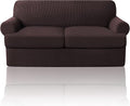 PrinceDeco T Cushion Loveseat Slipcover 3 Pieces Sofa Covers for T Cushion Sofa Stretch Slip Covers for 2 Cushion Couch with 2 Individual T Shape Seat Covers Width Up to 76"- Washable, Brown