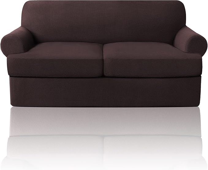 PrinceDeco T Cushion Loveseat Slipcover 3 Pieces Sofa Covers for T Cushion Sofa Stretch Slip Covers for 2 Cushion Couch with 2 Individual T Shape Seat Covers Width Up to 76"- Washable, Brown