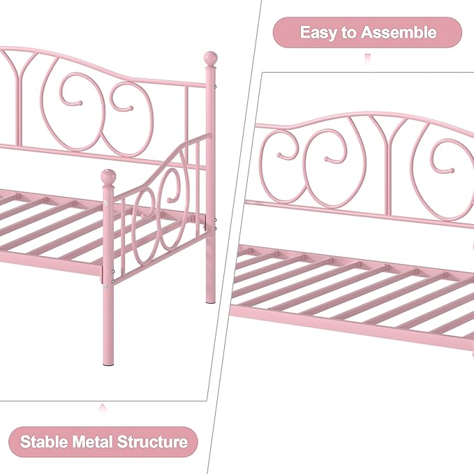 VECELO Metal Daybed Frame Multifunctional Platform Bed Sofa Mattress Foundation with Classic Headboard, Twin, Pink