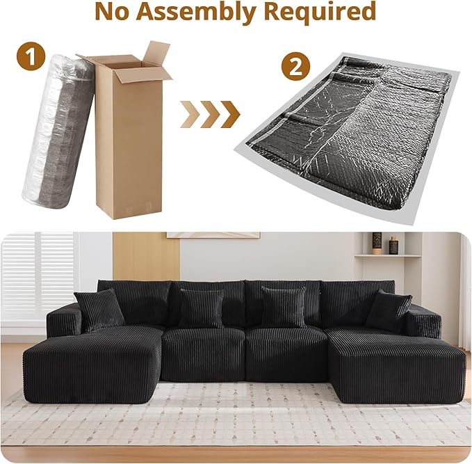 Sectional Cloud Boneless Couch 137" Modern Comfy U-Shaped No Assembly Required Convertible Compression Sleeper Modular Sofa with Corduroy Fabric Deep Seat Single + Chaise for Living Room