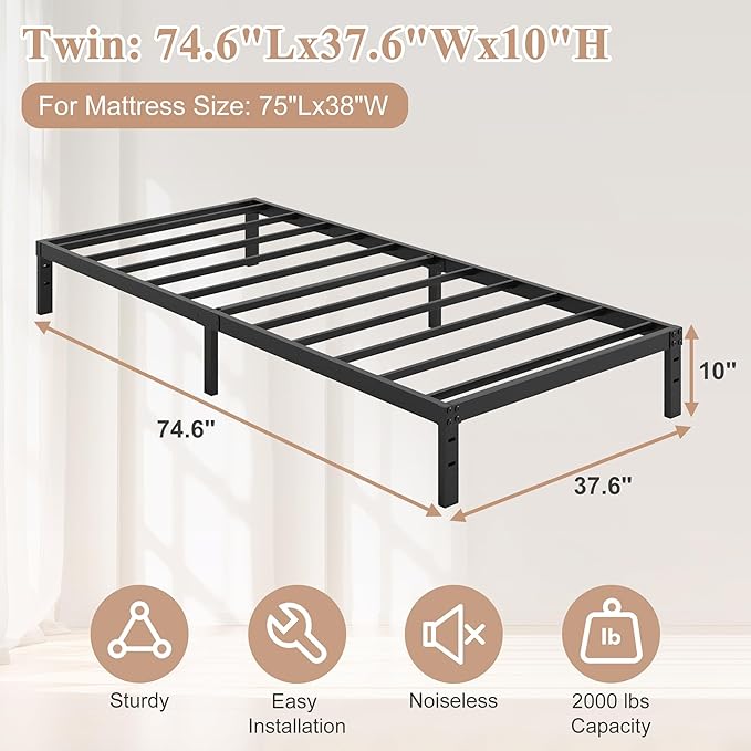 HOBINCHE 10 Inch Twin Size Bed Frame - No Box Spring Needed Heavy Duty Metal Platform Mattress Foundation with Steel Slats, Non-Slip Noise Free Easy Assembly Black Bedframes