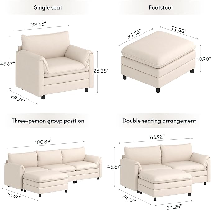 FLEXISPOT SF6 L-Shaped Cloud Sectional Couch with Storage Ottoman, 3-Seater Modular Sectional Sofa, 100.4" Wide Comfy Upholstered Sofa Couch for Living Room Apartment, Chenille White