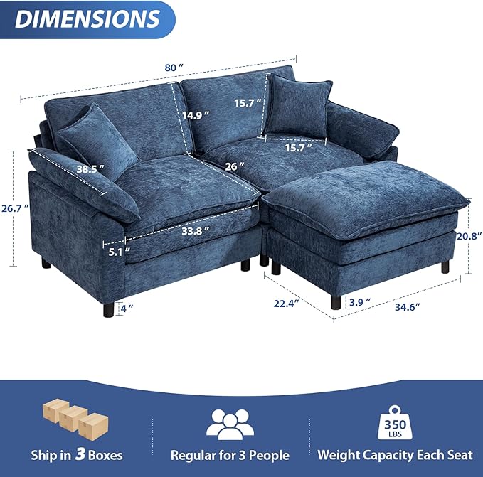 Oversized Modular Sectional Sofa, 80 Inch L Shaped Cloud Couch Set, 2-Seat Comfy Convertible Sofa with 1 Movable Ottoman, DIY Combination Sleeper Couch for Living Room(Chenille, Blue)