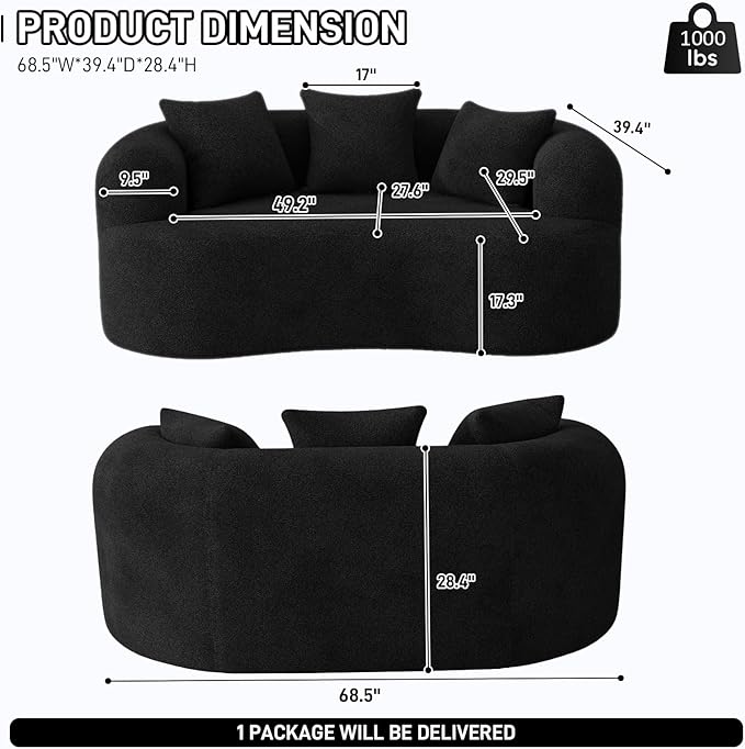 69" Curved Loveseat Sofa for Living Room, Modern Chenille Love Seat Cloud Couch, Luxury Plush Extra Deep Oversized Sofa for Small Spaces, Bedroom, Apartment‌, No Assembly Required, Black