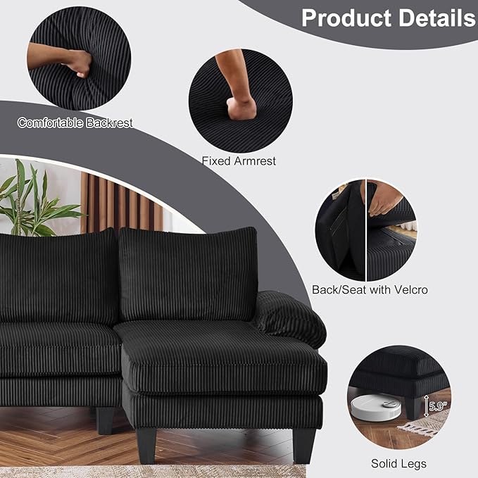 Karl home 111" Sectional Sofa U-Shaped 4-Seat Couch with Chaises Wood Grian Legs Corduroy Fabric Upholstered for Living Room, Apartment, Office, Black