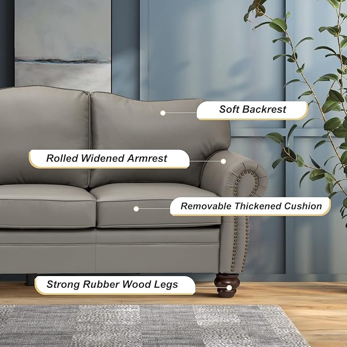 HULALA Home 81'' Upholstered Leather Sofa with Nailhead Trim and Rolled Armrests, Mid-Century Modern Living Room 3-Seater Couch, Grey Couch with Removable Cushion for Bedroom Apartment
