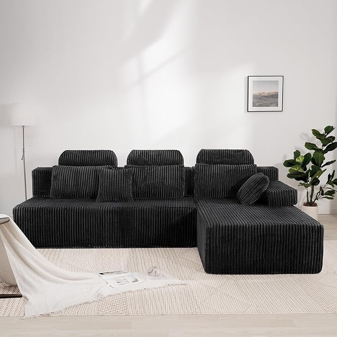 106’’ Sectional Couch with High Backrest, L-Shape Modular Sectional Sofa Convertible Left or Right Chaise, Cloud Corduroy, Boneless Couches Comfortable for Living Room(Black)
