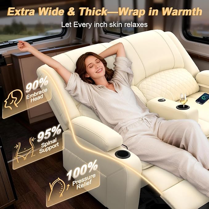 RV Loveseat Recliner Wall Hugger, Manual RV Reclining Loveseat with Removable Armrest, 3X Adjustable Theater Wall Hugger Loveseat Recliners with USB Ports, Cup Holders, Multi-Storage (PU,White)
