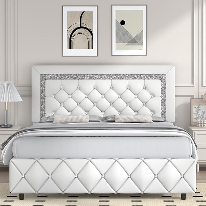 Queen Bed Frame, Faux Leather Platform Bed with Upholstered Diamond Headboard, Mattress Foundation with Strong Wooden Slats Support, No Box Spring Required, Easy Assembly, White