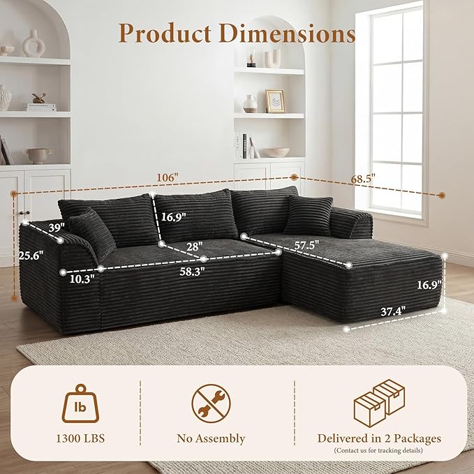 Vesgantti 106" Cloud Couch with Chaise, Deep Seat Fluffy Modular Sectional Sofa Corduroy Memory Foam Boneless Couches for Living Room Bedroom, No Assembly Required (Grey, Right-Facing Chaise)