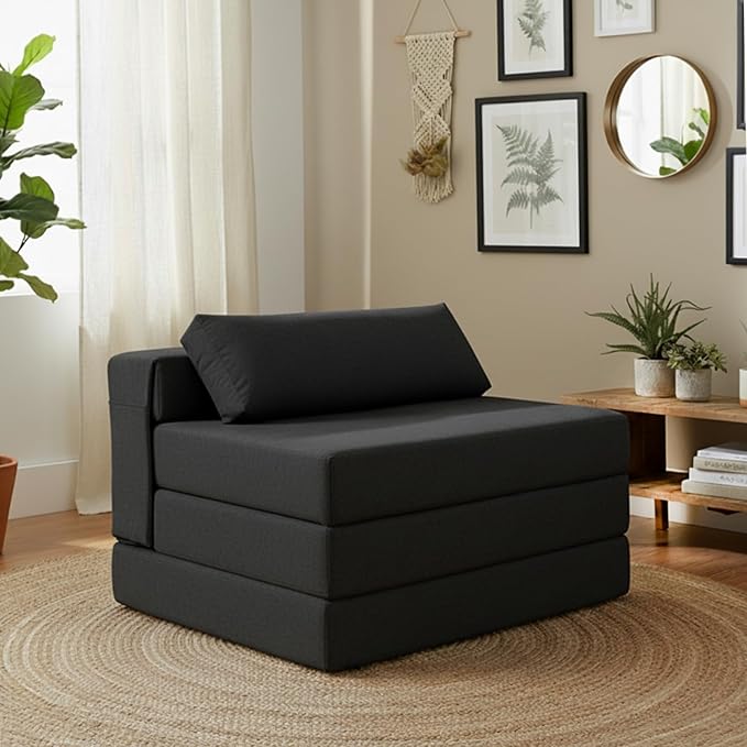 Tiita Folding Sofa Bed Chair, 4-Fold Convertible Sleeper Chair with Lumbar Pillow, Washable Cover & Side Pocket, Floor Couch Bed with Raised Seat, Single Size for Small Spaces, Black