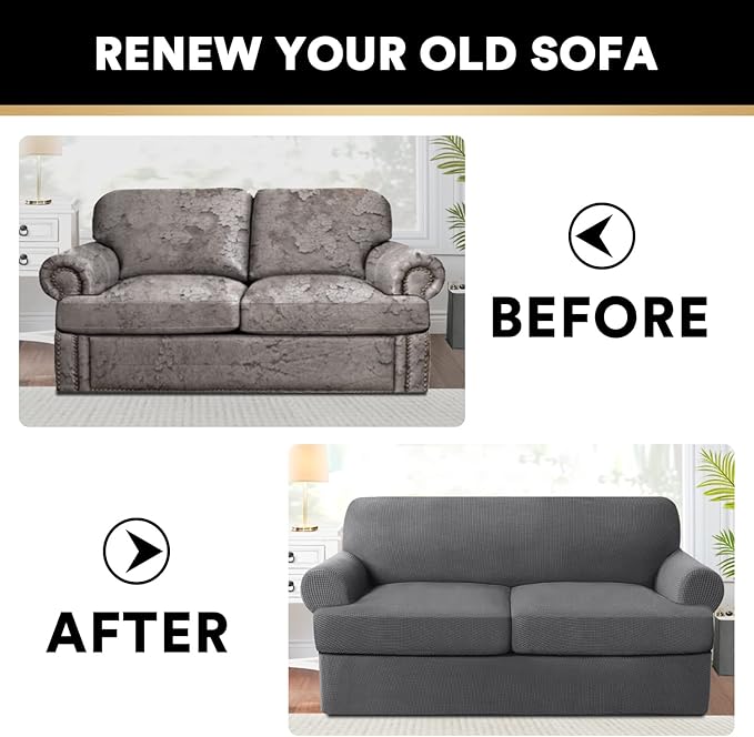 PrinceDeco T Cushion Loveseat Slipcover 3 Pieces Sofa Covers for T Cushion Sofa Stretch Sofa Covers for 2 Cushion Couch with 2 Individual T Shape Seat Covers Width Up to 76"- Washable, Grey