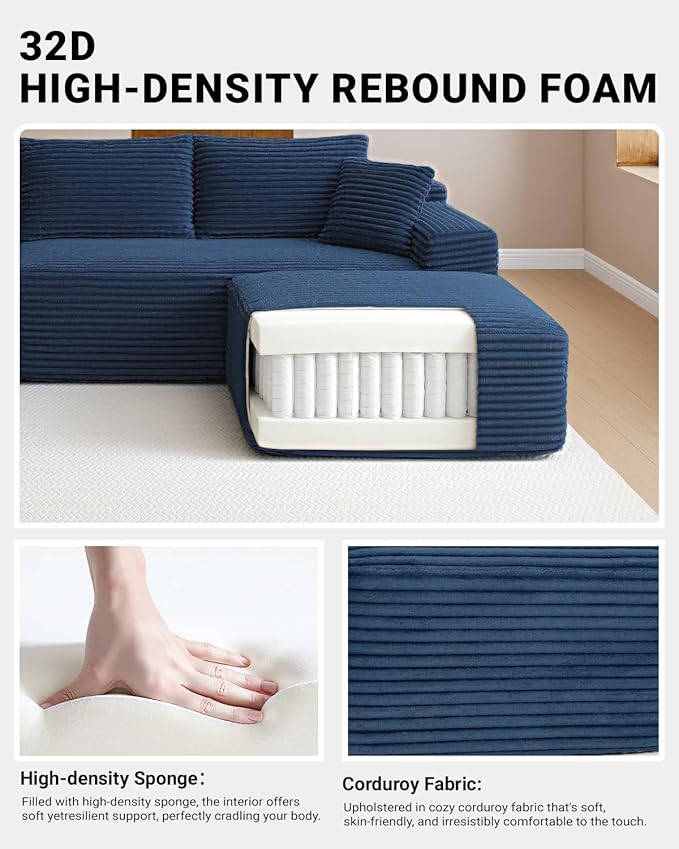 150" Oversized Modular Sectional Sofa,Deep Seat Cloud Corduroy Boneless Couch with Cup Holders,USB Ports, Wireless Charging & Storage Box,Upholstered Modular Sleeper Sofa for Living Room (Blue)