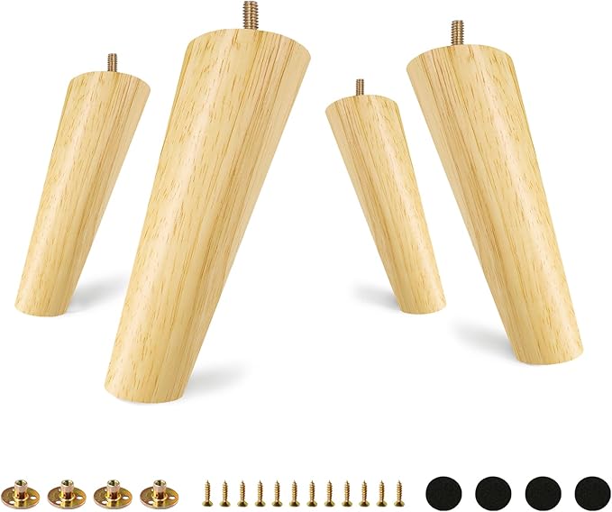 FoDau770 Rubber Wood Furniture Legs 6 Inches, Slant Tapered Wood Feet Mid Century Sofa Legs Set of 8, 5/16" UNC Furniture Feet Replacement Parts for Cabinet Couch Dresser Chair Ottoman Table