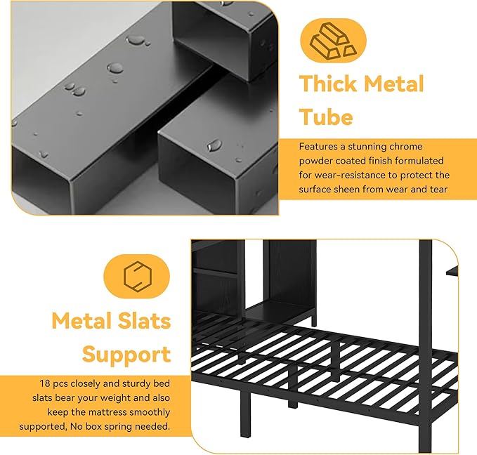 Bunk Bed Frame with Built-in Wardrobe King Over Twin XL Size, Metal Loft Bed with Foldable Desk and Storage Shelf, Black Bunk Beds King Size for Adults Teen Kids, No Box Spring Needed