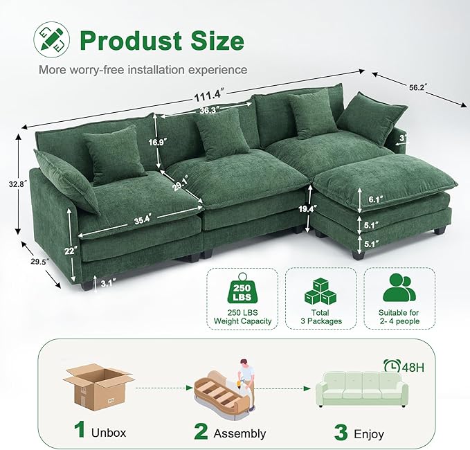 111.4" L-Shaped Cloud Chenille Sofa Sectional Couch with Reversible Chaise, Flexible 3+1 Layout for Large Spaces, Deep Seat and Free Pillows Included