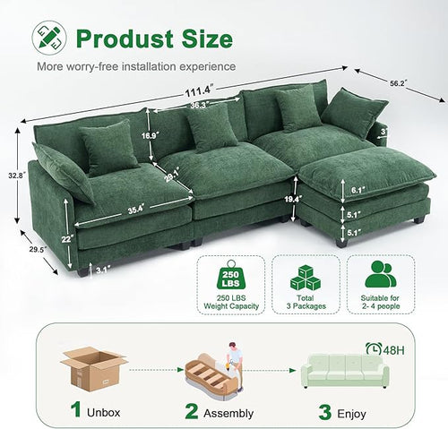 111.4" L-Shaped Cloud Chenille Sofa Sectional Couch with Reversible Chaise, Flexible 3+1 Layout for Large Spaces, Deep Seat and Free Pillows Included