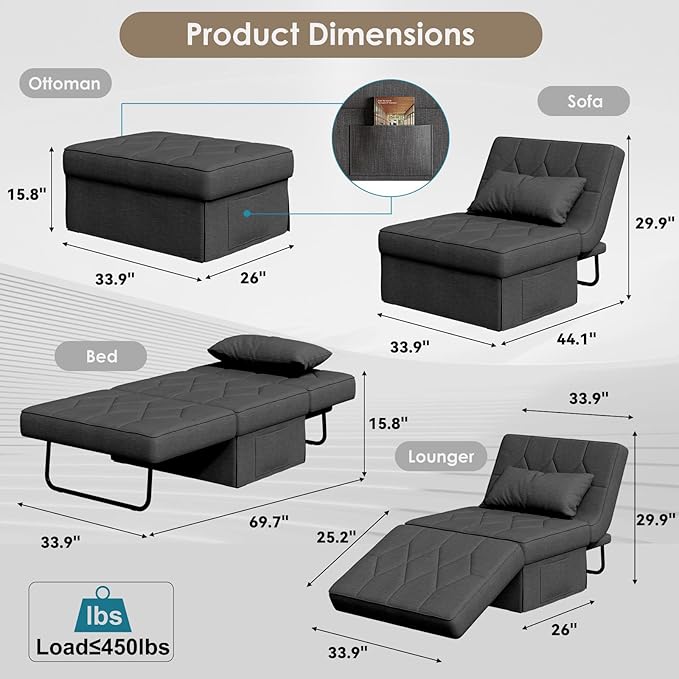 Convertible Sofa Bed with 5-Level Adjustable Backrest, 70" D x 34" W 4-in-1 Folding Ottoman Sleeper Chair Bed, Modern Single Futon Couch for Living Room Apartment Dorm Small Space, Dark Grey