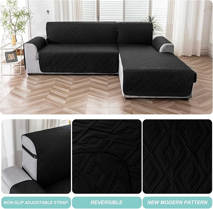 Genina Sectional Couch Covers for Dogs L Shaped Sofa Covers Chaise Lounge Cover Reversible Sofa Cover Sectional Furniture Protector for Pets, Kids (Black, Large)