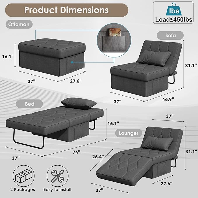 Convertible Sofa Bed with 5-Level Adjustable Backrest, 74" D x 37" W 4-in-1 Folding Ottoman Sleeper Chair Bed, Modern Single Futon Couch for Living Room Apartment Dorm Small Space, Dark Grey