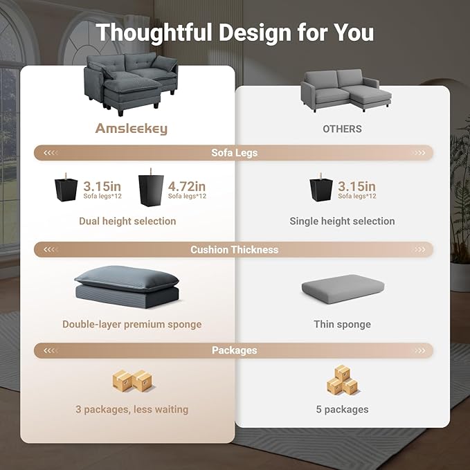 Modular Sectional Sofa, 76.5" L-Shaped Corduroy Comfy Sectional Couches for Living Room, 2-Seater Cloud Couches with 1 Movable Ottoman, Flexible Combination Modern Deep Seat Sofa (Grey)