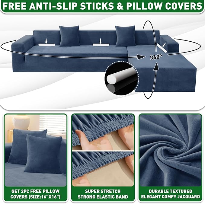 ZNSAYOTX 2026 Soft Velvet Sectional Couch Covers, Luxury Plush Slipcovers with Elastic Bottom for L Shape Sectional Sofa, 2 Pcs Pet Friendly Protector (3 Seat Couch + 3 Seat Chaise, Navy Blue)