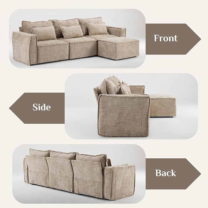 Karl home 110" Cloud Sectional Couches with Moveable Ottoman 3 Seat Boneless Modular Sofa Set L-Shape Convertible Couche with Chenille Upholstery for Living Room, Apartment, Studio, Khaki