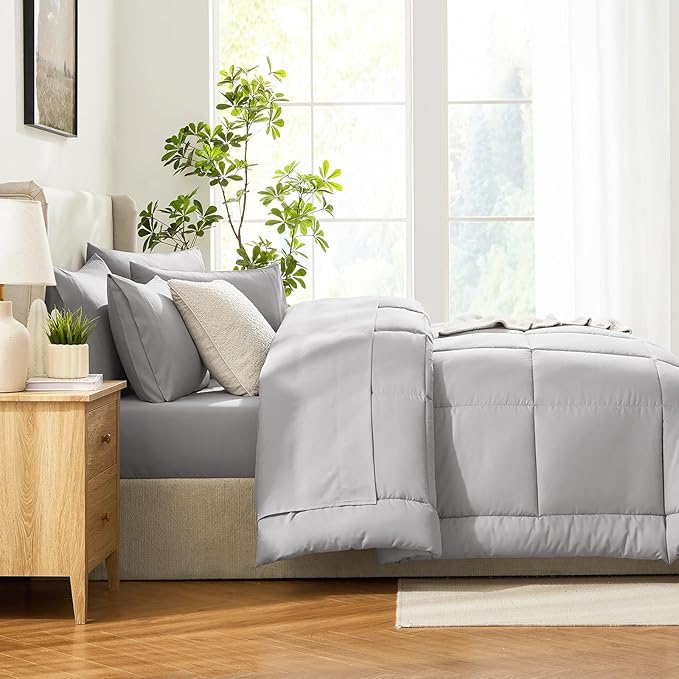 CozyLux Full Size Comforter Set French Grey, 7 Pieces Bed in a Bag, Gray Comforter Full Size, All Season Bedding Sets with Stitch Quilted Comforter, Flat Sheet, Fitted Sheet, Pillowcases