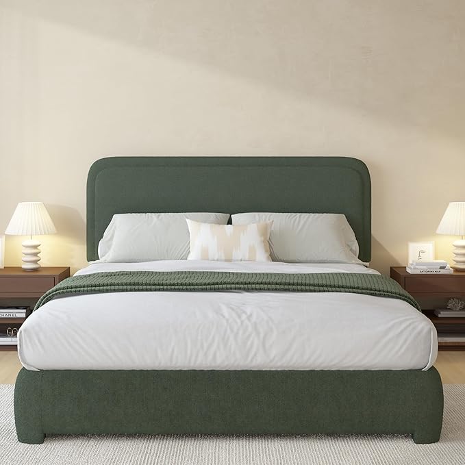 BarnFurin Full Size Bed Frame with Headboard, Boucle Upholstered Platform Bed Frame, Soft Rounded Corners, No Box Spring Required, Non-Slip and Noise-Free, Easy Assembly, Green