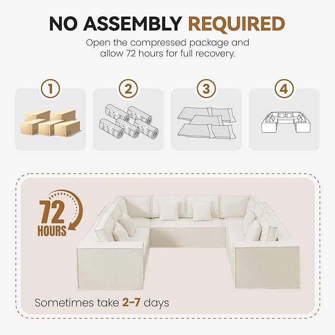 138'' Boneless Chenille U Shaped Couch, Oversized Modular Sectional 8 Seater Sofa, Modern Deep Seat Corner Cloud Compressed Couch, No Assembly Sleeper Sofa with Chaise for Living Room, Beige