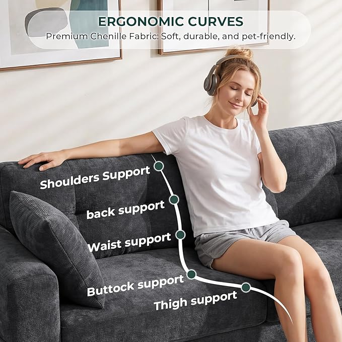 87" Loveseat Sofa for Living Room, Modern Chenille Cloud Couch with USB/Type-C Charging Ports, Side Pockets, Removable Cover, Wide Armrests, Small Couch for Small Space, Easy Assembly, Grey