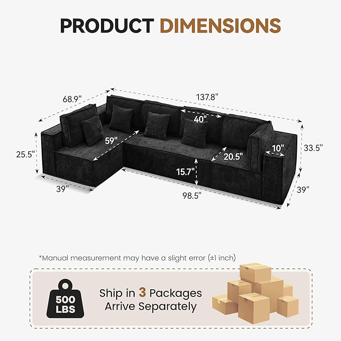 138'' Boneless Chenille L Shaped Couch, Oversized Modular Sectional 5 Seater Sofa, Modern Deep Seat Corner Cloud Compressed Couch, No Assembly Sleeper Sofa with Chaise for Living Room, Black