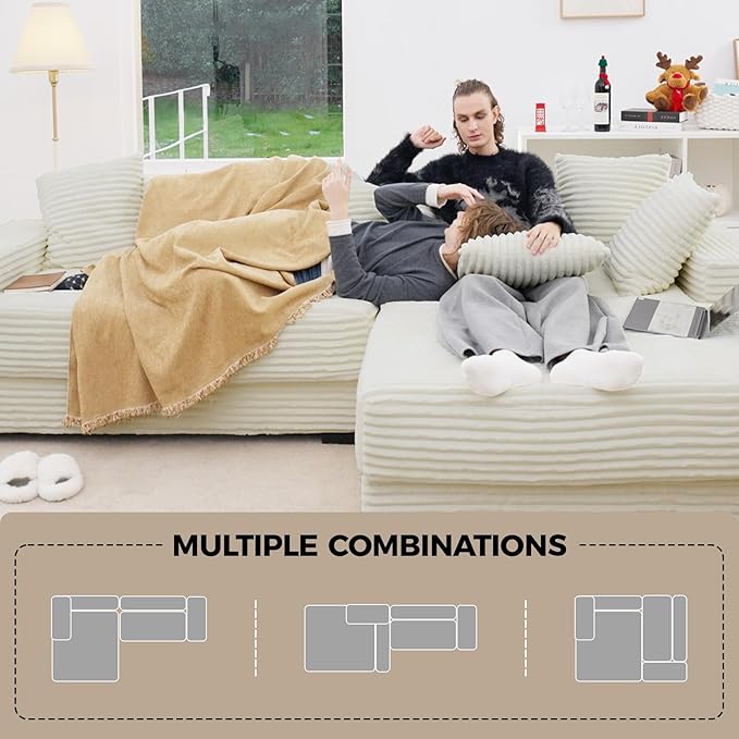 111'' Modular Sectional Cloud Couches with Chaise, L Shaped Extra Large Sleeper Couch Reversible Fluffy Corduroy with 8pcs Pillows for Living Room(Beige Right Facing Chaise)