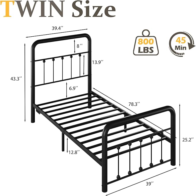 Fluest 14 Inch Twin Bed Frame Classic Metal Platform Bed Frame with Charging Station & LED, Victorian Style Iron-Art Headboard/Footboard, Under Bed Storage, No Box Spring Needed, Noise Free