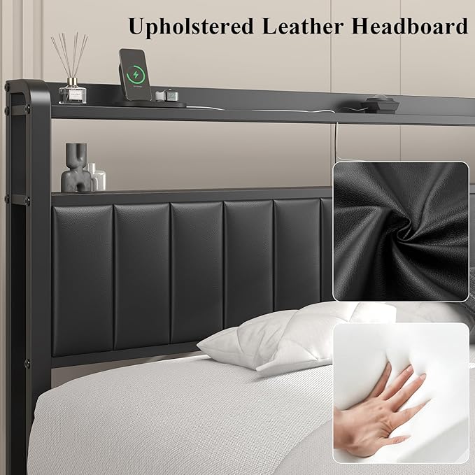 King Size Bed Frame with Star Projector & Charging Station, PU Leather Upholstered Platform with 2-Tier Storage Headboard & Storage Ottoman, Metal Support, Noise-Free, No Box Spring Needed, Black