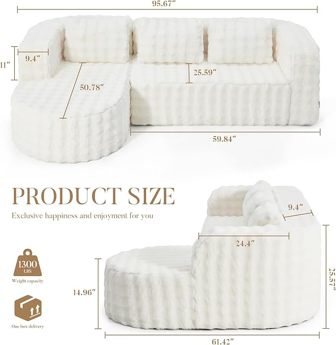 Hobestluk 96" Cloud Sectional Couch Modern Boneless Couch 3 Seater with Oversized Chaise L Shaped Modular Sofa Couches for Living Room Apartment No Assembly Required (Bubble White,Left Facing Chaise)