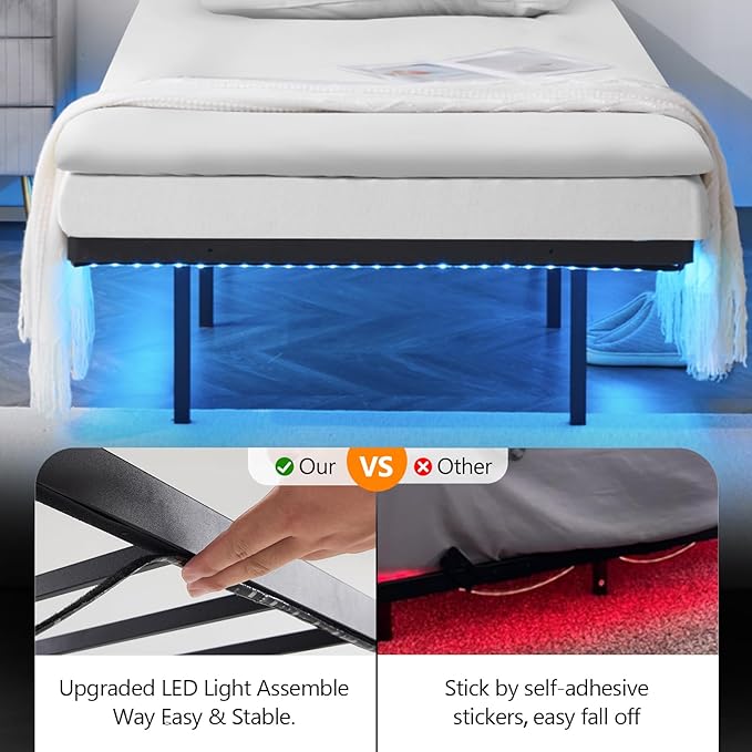 VINGLI 14 Inch Twin Floating Bed Frame with USB Charging Station/LED Lights, Single Platform Bed Foudation Base Heavy Duty Metal Slat, No Box Spring Needed,Black