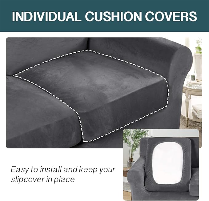 FantasDecor 4 Piece Sofa Velvet Couch Covers for 3 Cushion Stretch Slipcover with Individual Seat Cushion Elastic Furniture Protector for Pets, Machine Washable (Sofa, Gray)