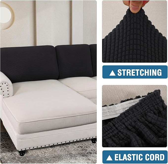 H.VERSAILTEX Backrest Cushion Covers Sectional Couch Back Cushion Covers for Sectional Sofa Set for Both Left/Right Couch (Back Only: 1 Chaise + 2 Sofa, Black)