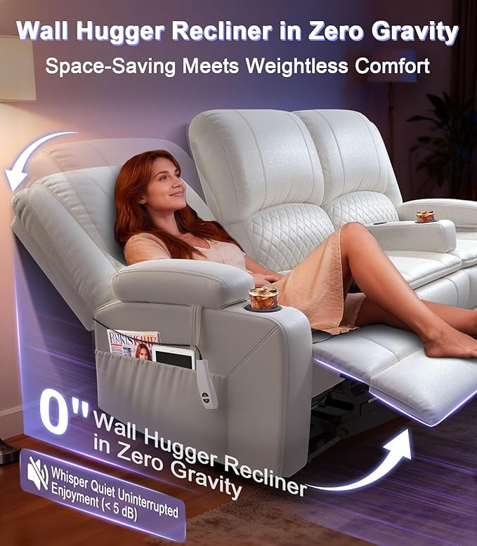 Power Loveseat Recliner Sofa, Removable Armrest 3 Seats Power Reclining Loveseat with Remote Liftable Console, Wall Hugger RV Theater Seating with Storage & USB & RGB (PU, White)