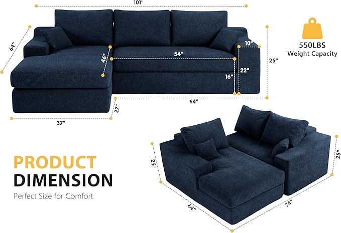 HABUTWAY 101'' Modular Sectional Sofa, Cloud Sectional Couches for Living Room, Comfy Boneless Couch with Deep Seat, Modern L-Shape Sofa with Chaise, No Assembly Required (Blue, Left Facing Chaise)