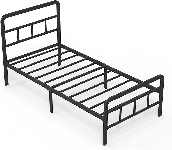 Richwanone 14 inch Twin Bed Frame with Headboard and Footboard, Metal Bed Frame with Steel Slat Support, No Box Spring Needed, Easy Assembly, Black