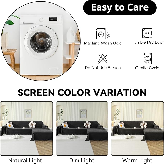 OstepDecor Sectional Couch Covers 2 Pieces, L Shaped Sofa Cover, Chenille Couch Cover for Dogs Washable, Couch Cover Blanket, Sofa Slipcover for 2-3 Cushion Couch (71"x102"+71"x118", Black)