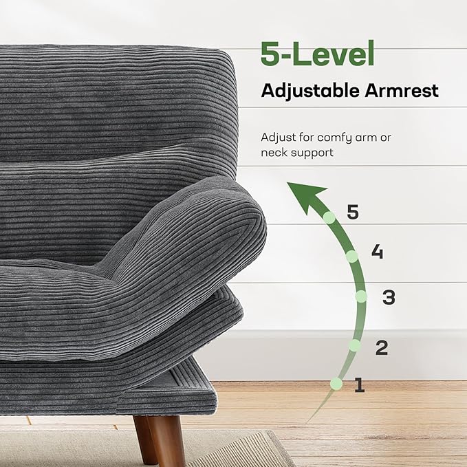 Marsail 75" Futon Sofa Bed, Convertible Corduroy Futon Couch with Adjustable Backrest & Armrests, Small Sleeper Sofa Loveseat for Living Room, Apartment, Office, Grey