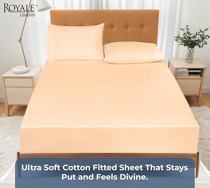 Royale Linens 100% Organic Cotton Fitted Sheet - Percale Weave - Super Soft Deep Pocket Bottom Sheets - Elastic Sheet Queen Size - Queen Fitted Sheets Only - (60"x80"+15", Sand)