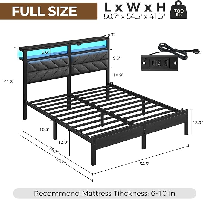 Seventable Full Size Bed Frame with Charging Station & LED Lights, Upholstered Headboard with Storage Shelves, Metal Platform with Under Bed Storage, No Box Spring Needed, Easy Assembly, Dark Grey