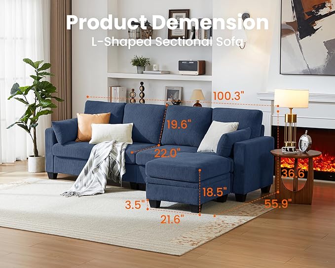 CHIC HOUSE Modular Sectional Sofa with Storage Ottomans, Corduroy Cloud Couch for Small Spaces & Apartments, Reconfigurable L/U Shaped Convertible Corner Sofa (5 Seater Sectional,Blue