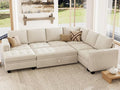Belffin Modular Sectional Sleeper Sofa with Pull Out Bed U Shaped Sectional Sofa Couch with Storage Ottoman Velvet Covertible 7-Seater Sofa for Living Room Beige