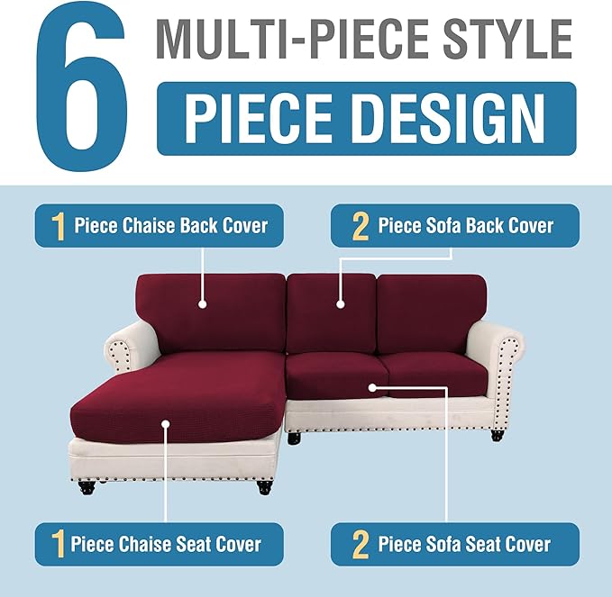 H.VERSAILTEX Sectional Couch Covers 6 Pieces Stretch Sofa Covers for Sectional Sofa Set Separate L Shaped Couch Cover for Both Left/Right Couch (Seat and Back: 1 Chaise + 2 Sofa, Burgundy)